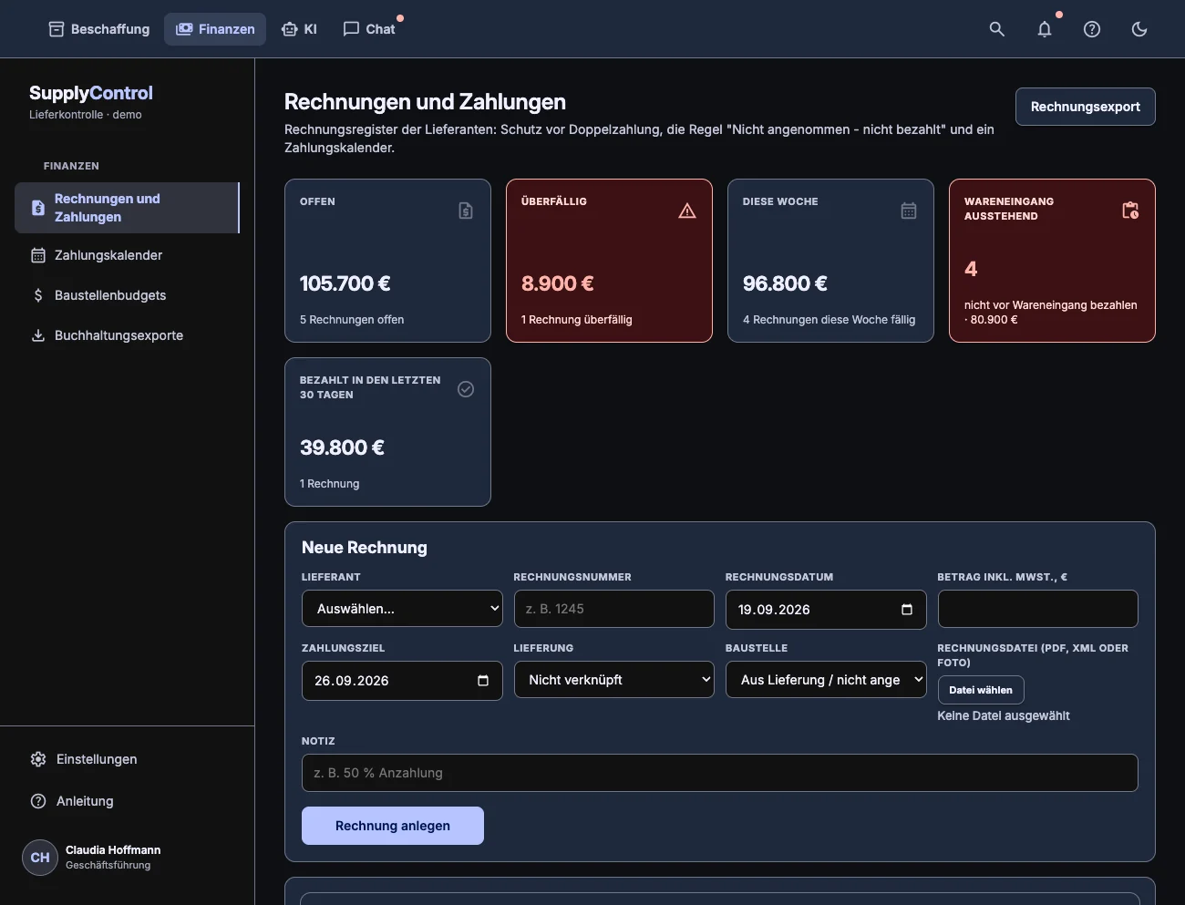 Rechnungen und Zahlungen: fällig, überfällig und der Zahlungskalender, dunkles Design