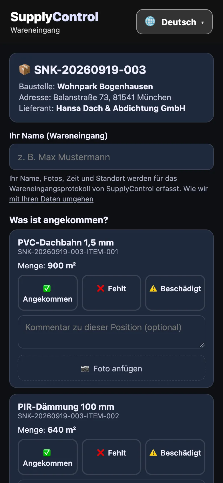 QR-Wareneingangsseite auf dem Handy mit den Buttons Angenommen, Fehlt und Beschädigt, dunkles Design
