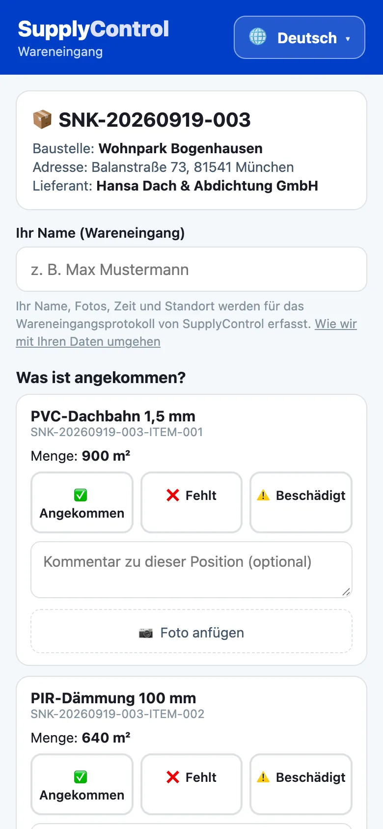 QR-Wareneingangsseite auf dem Handy mit den Buttons Angenommen, Fehlt und Beschädigt