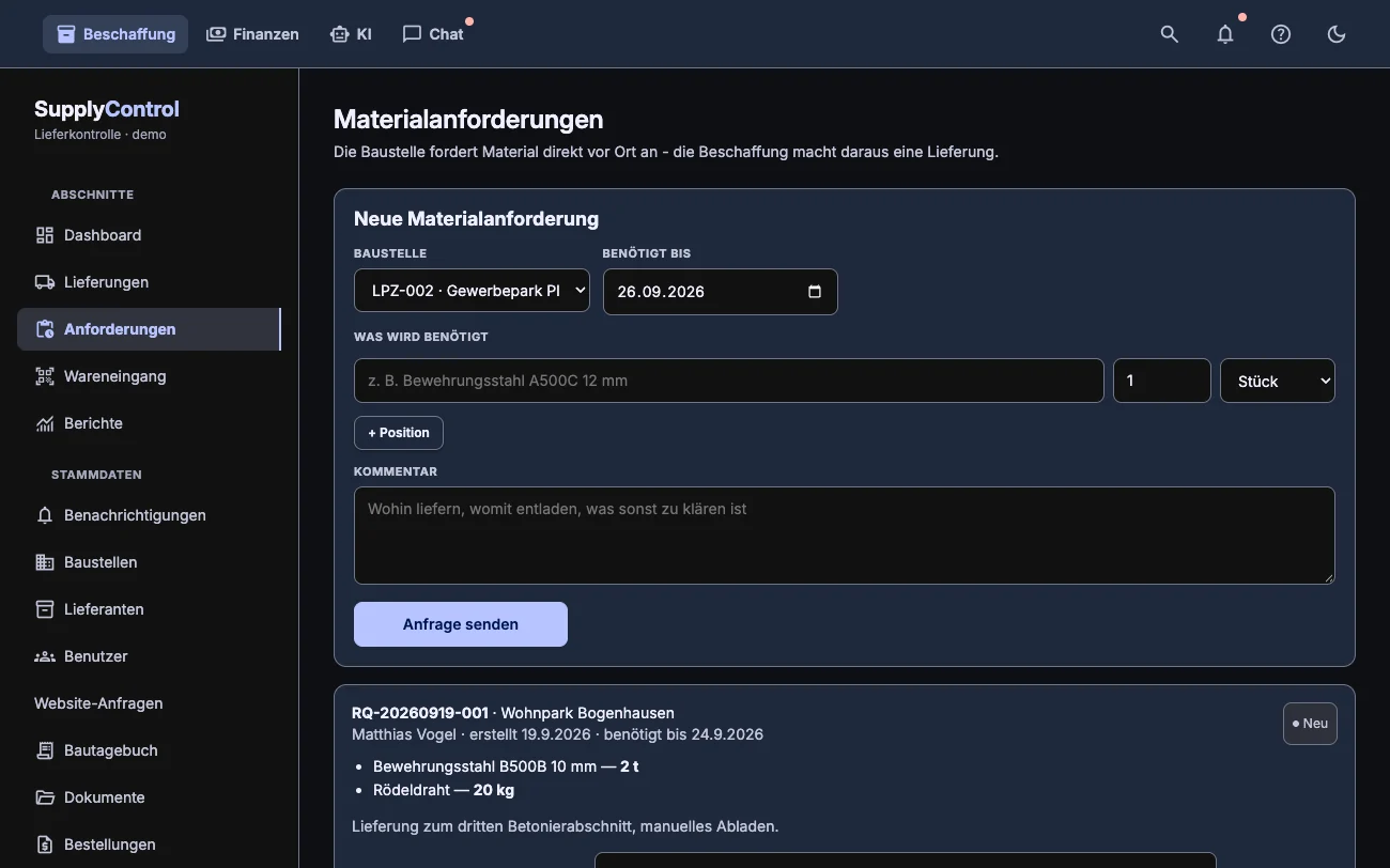 Materialanforderungen von der Baustelle mit Status und dem Button, der eine Lieferung anlegt, dunkles Design
