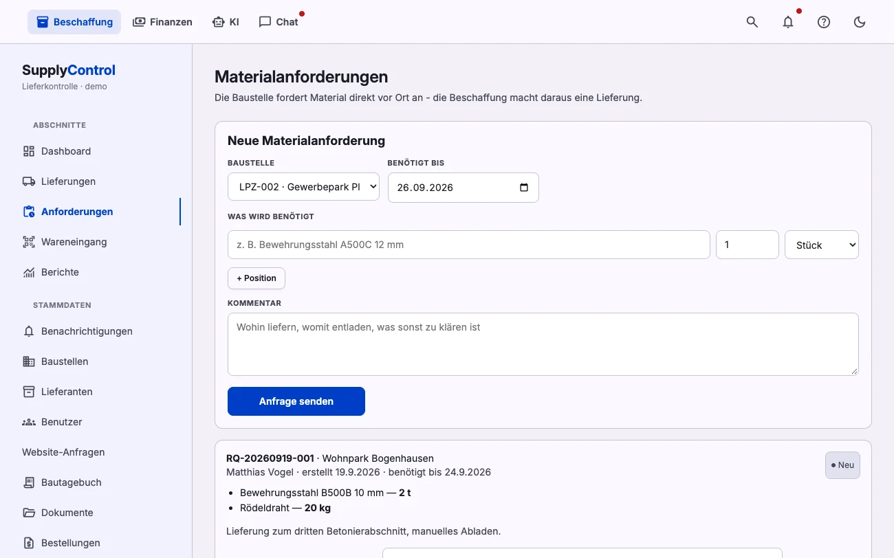 Materialanforderungen von der Baustelle mit Status und dem Button, der eine Lieferung anlegt