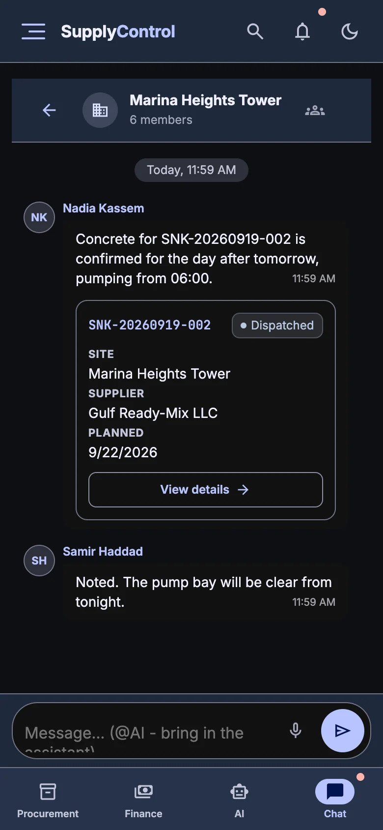 Team chat on a phone with voice notes and delivery cards, dark theme