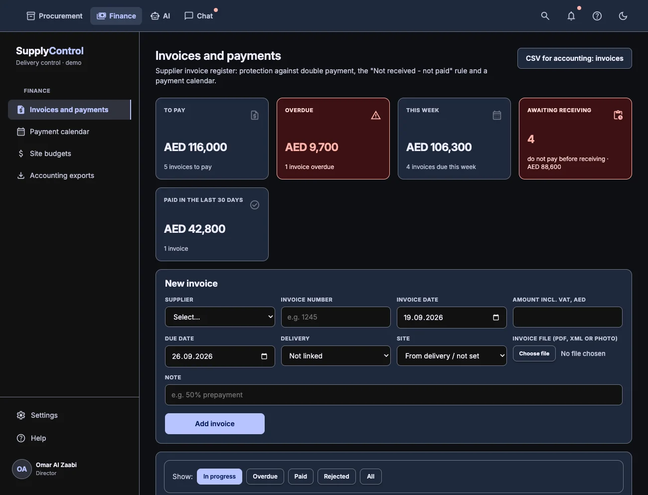 Invoices and payments: due, overdue and the payment calendar, dark theme