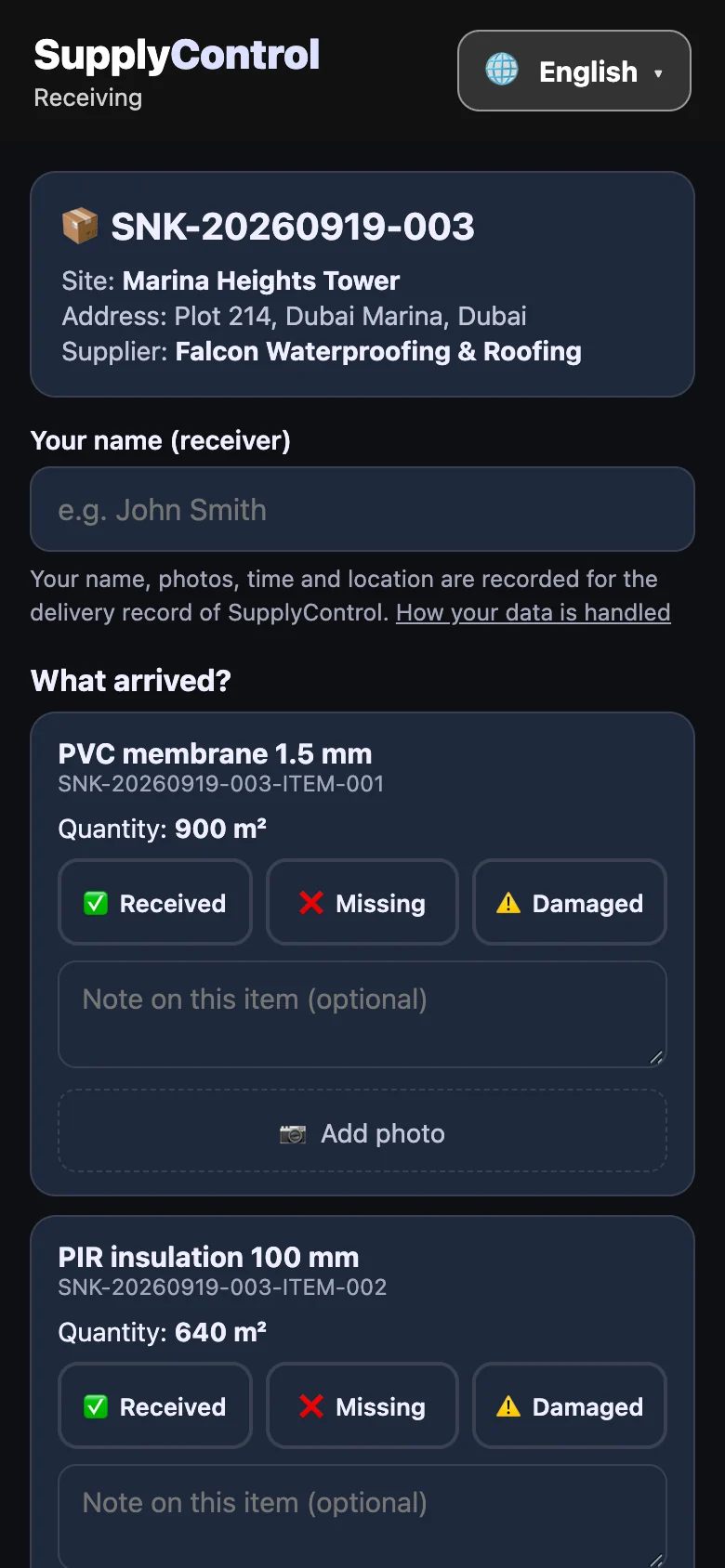QR receiving page on a phone with received, missing and damaged buttons, dark theme