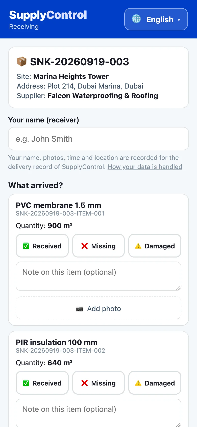 QR receiving page on a phone with received, missing and damaged buttons