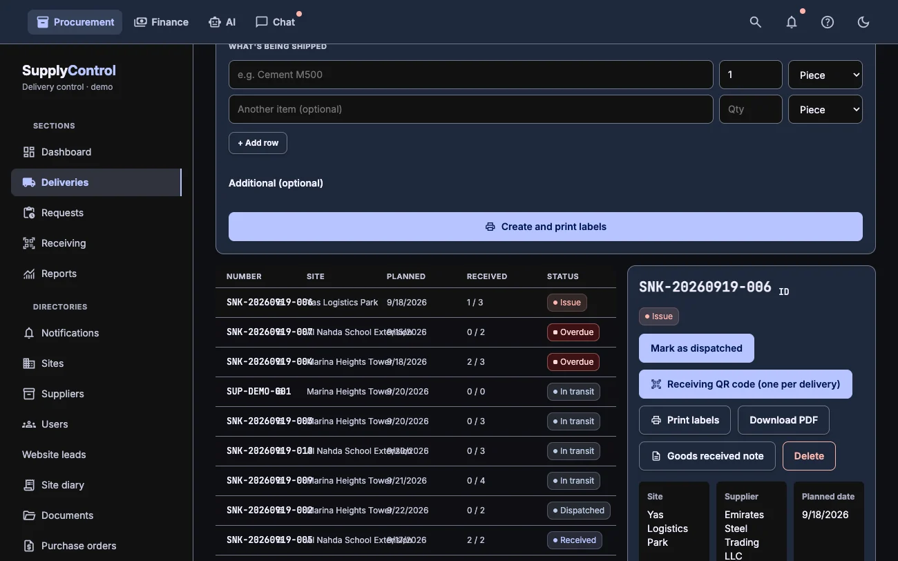 Delivery register and the card of one delivery with packages and photos, dark theme