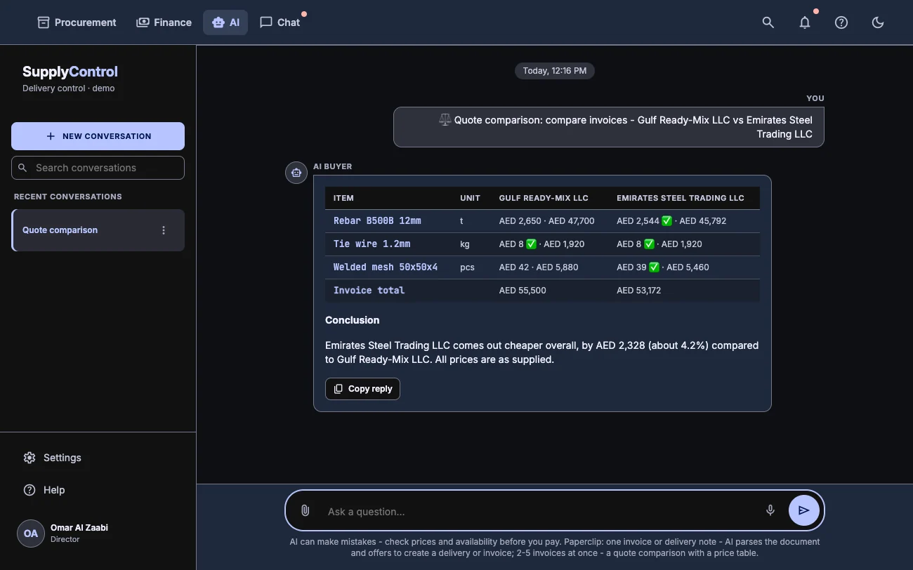 Quote comparison in the AI buyer chat with the better prices highlighted, dark theme