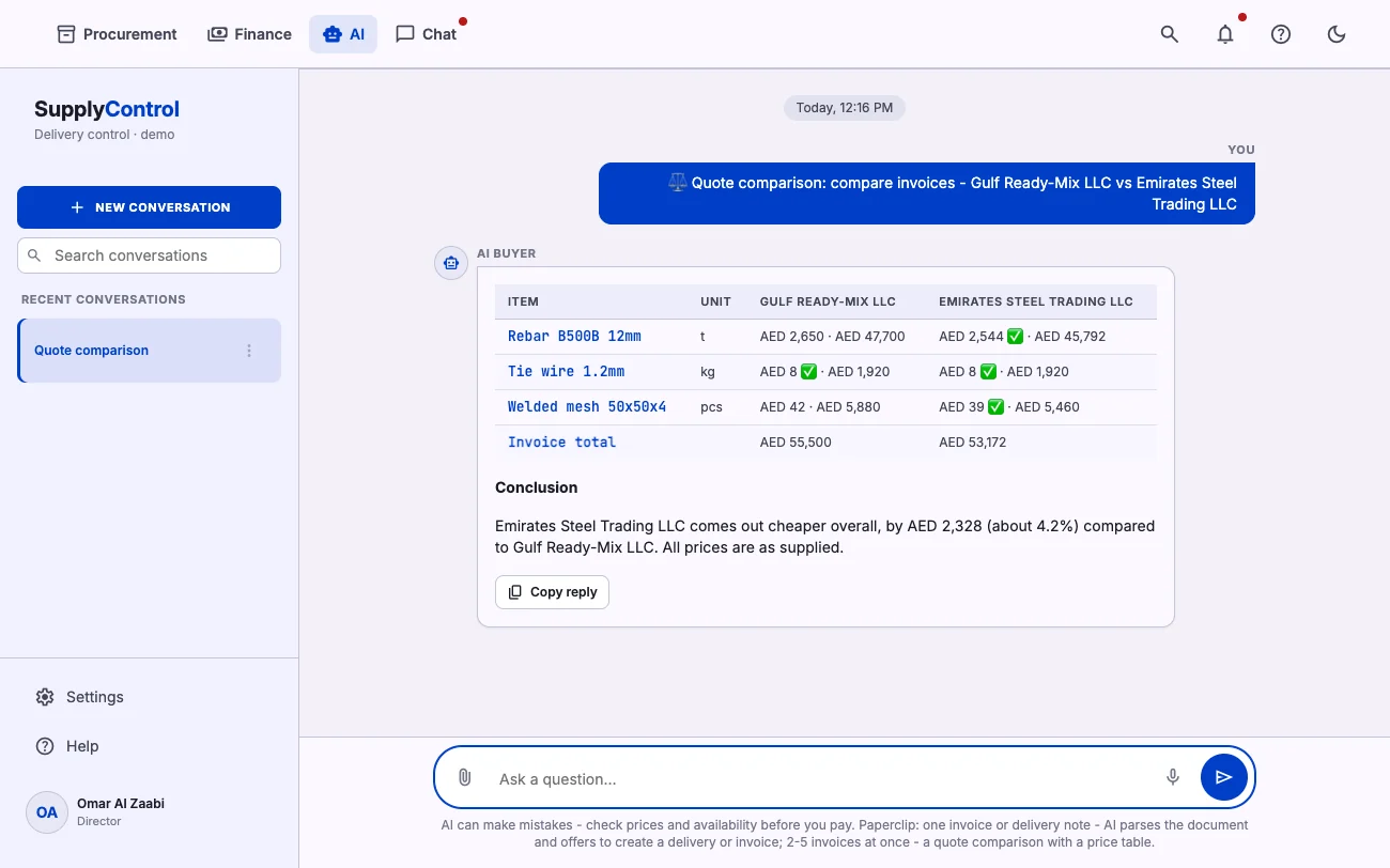 Quote comparison in the AI buyer chat with the better prices highlighted