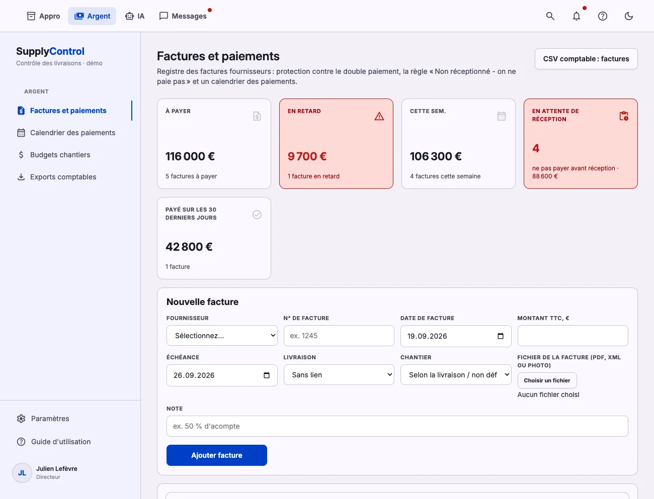 Factures et paiements : à payer, en retard, et le calendrier des paiements