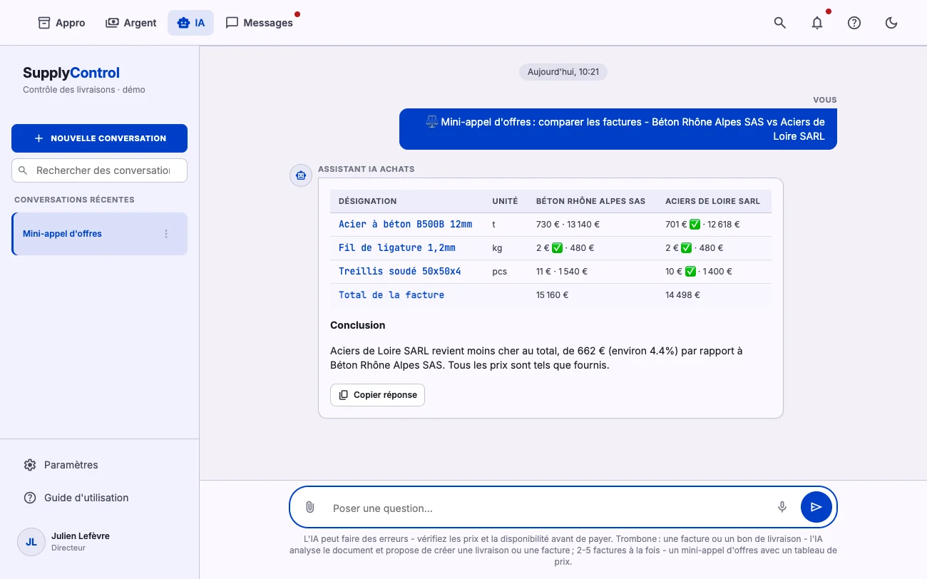 Comparaison de devis dans le chat de l'assistant IA achats, avec les meilleurs prix repérés